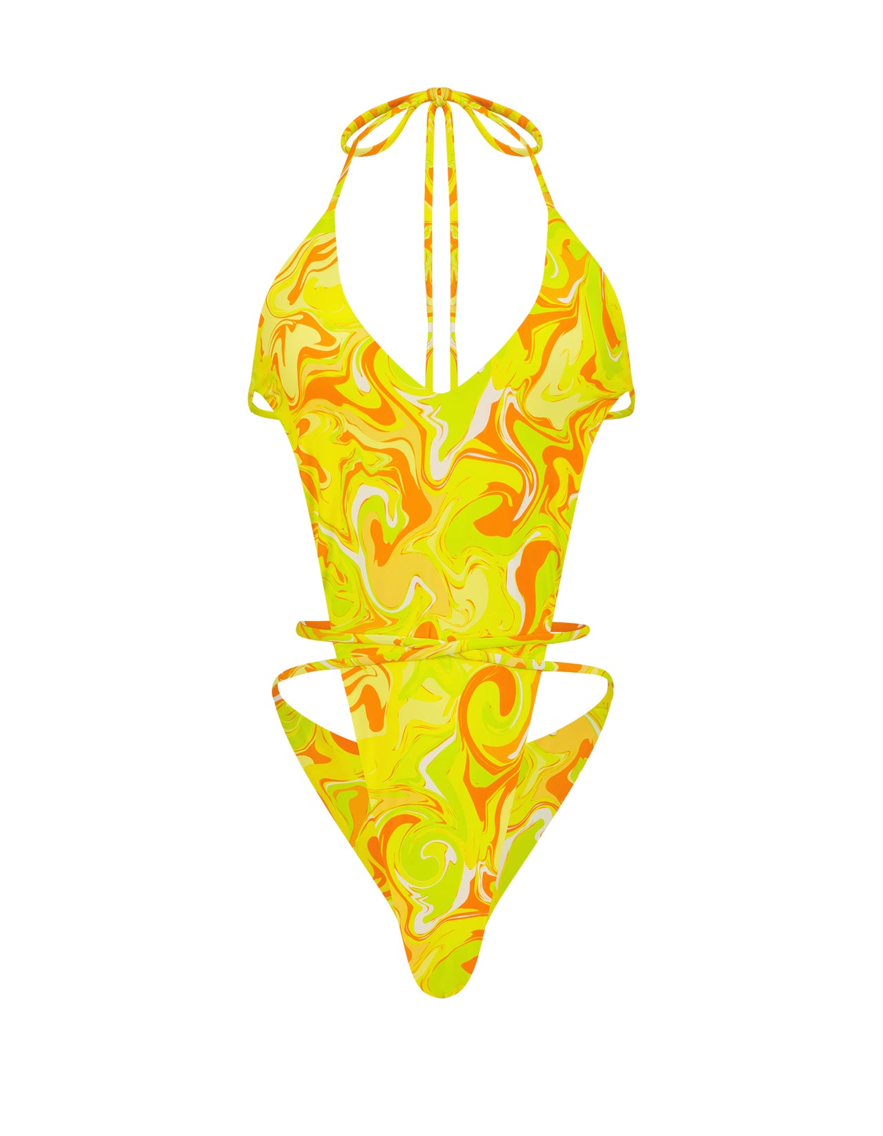 Halter V-Neck Front Tie One Piece Yellow Swirl
