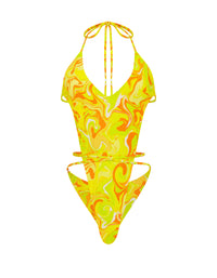 Thumbnail for Halter V-Neck Front Tie One Piece Yellow Swirl
