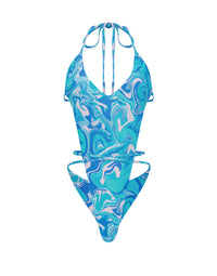Thumbnail for Halter V-Neck Front Tie One Piece Blue Swirl