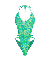 Thumbnail for Halter V-Neck Front Tie One Piece Green Swirl