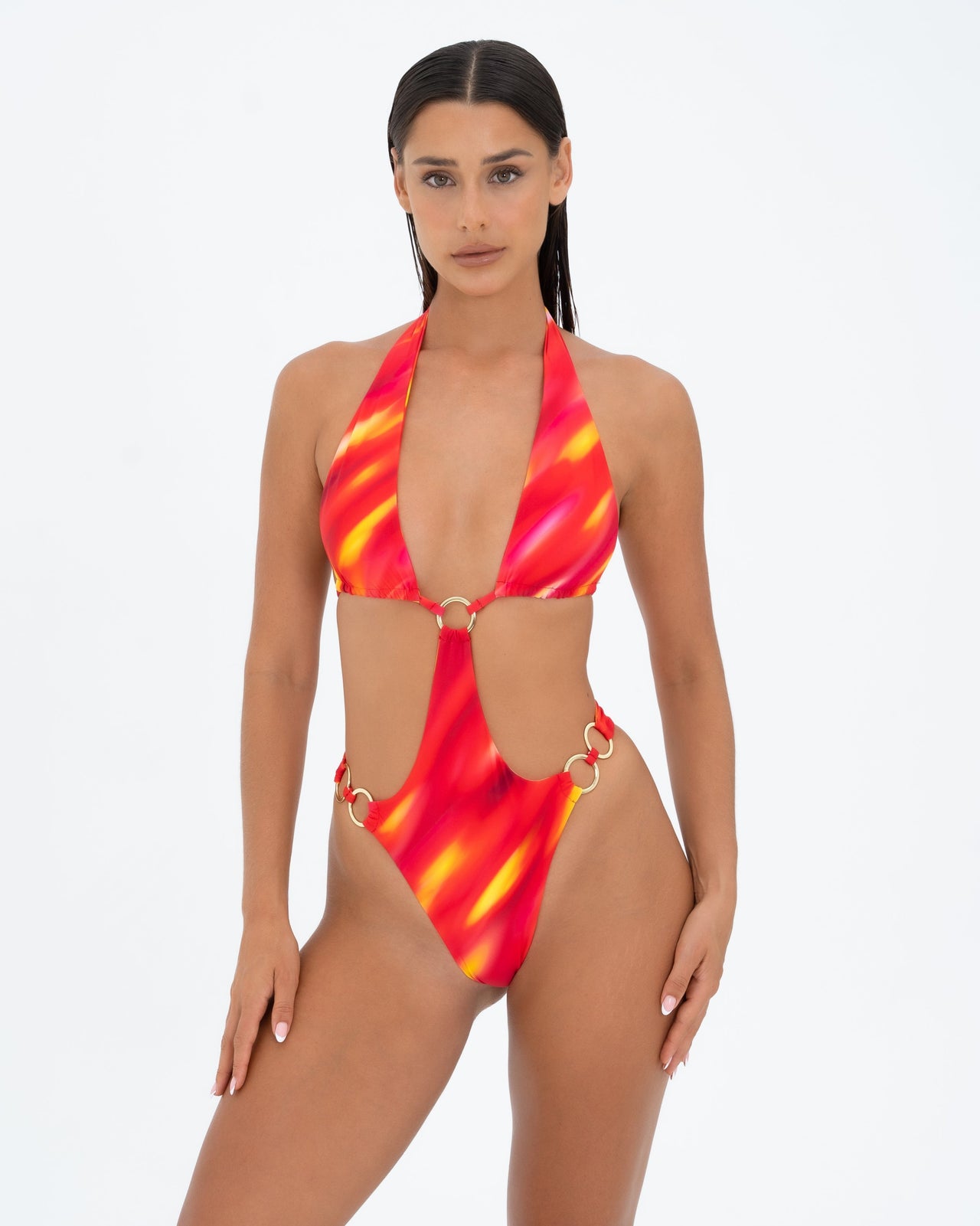 Tie Back One Piece With Ring Red Stripe