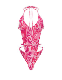 Thumbnail for Halter V-Neck Front Tie One Piece Pink Swirl