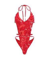 Thumbnail for Halter V-Neck Front Tie One Piece Red Swirl